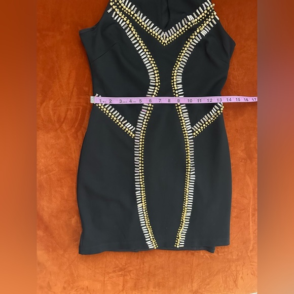 Bebe Bodycon Stretch Ponte Beaded High Neck Scoop Back Cocktail Mini Dress M - Picture 10 of 14